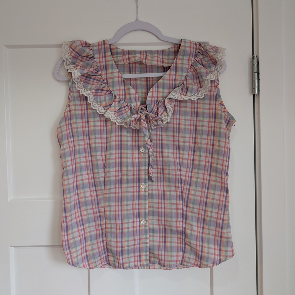 Plaid Cottagecore Lace Ruffle Collar Button Up Top Size Medium